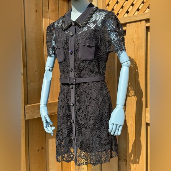 🆕 SELF PORTRAIT 🧿 NWOT Black Lace Button Front Mini Dress, Sz UK 14 US 10 - Picture 5 of 16